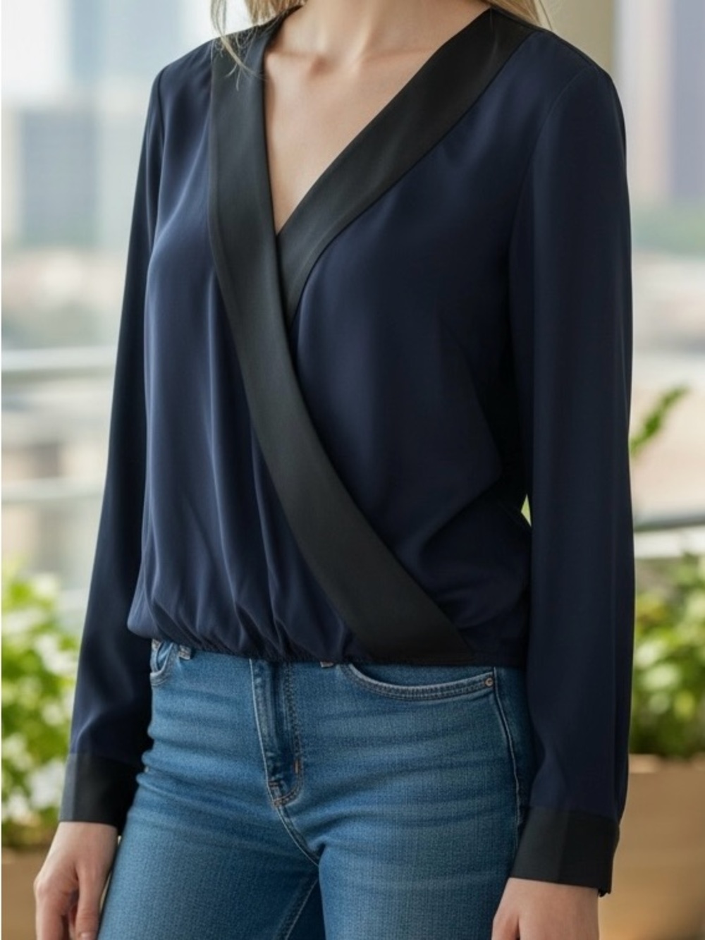 Donna Karan New York Wrap Blouse Satin Lapel Navy Silk Feel Size M NWT $185